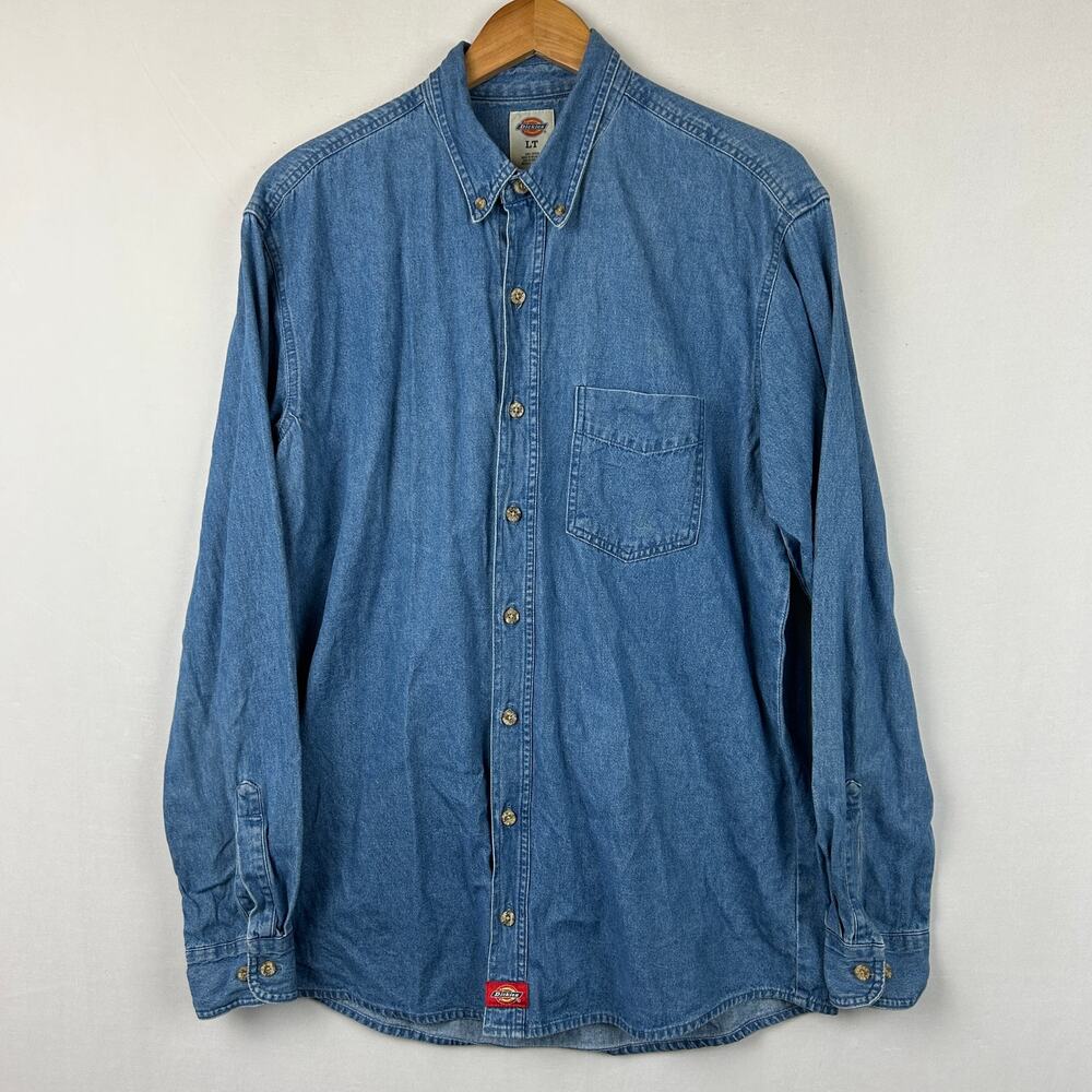 Dickies Denim Button Down Shirt Long Sleeve Blue Men's Size LT L Tall